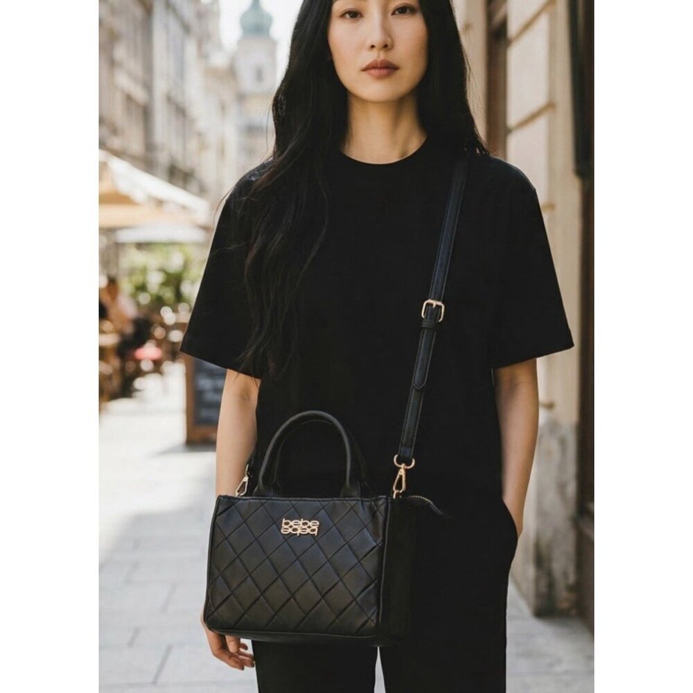 Bebe Quilted Satchel Bag Black Gold Hardware Top Handle Crossbody NWT Work